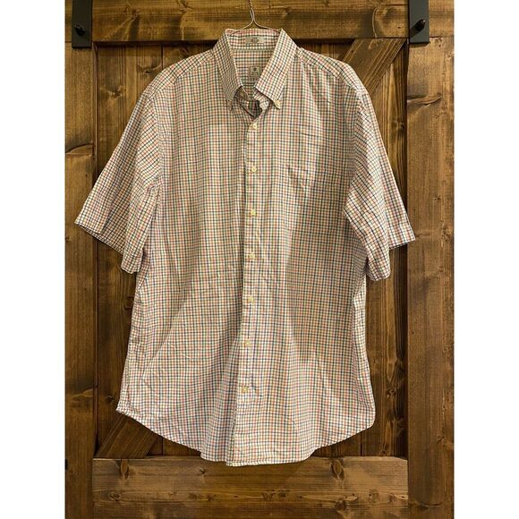 Peter Millar® Men's Large Button Up Short Sleeve Shirt Plaid Blue Green Red EUC - Picture 2 of 7